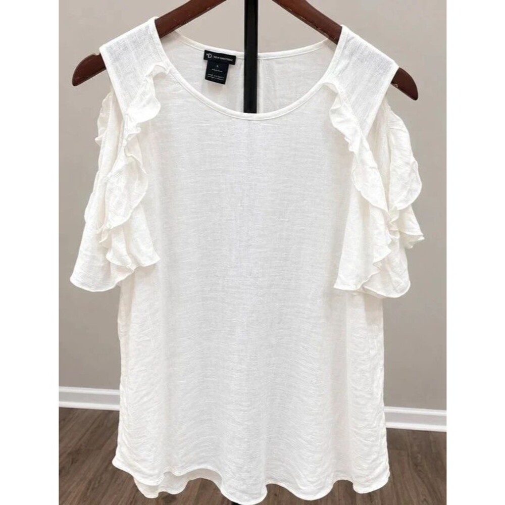 New Directions Women’s White Ruffle Cold Shoulder Blouse Size Large